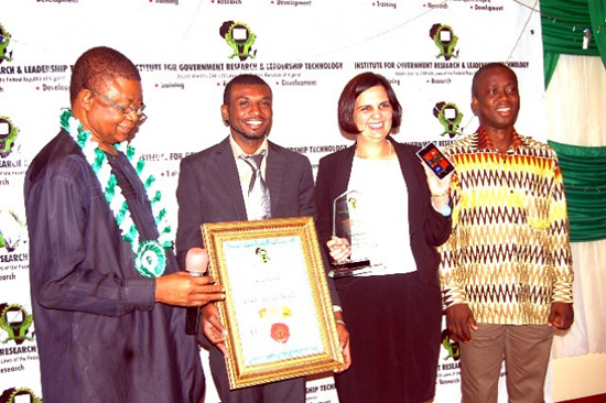 L-R: Deputy Chairman-in-Council, Institute for Government Research and Leadership Technology, Professor John Akanya OON, presenting the Most Innovative Smart Mobile Phone of the Year Award to Nokia representatives; Innovation Manager, Nokia Research Center, Nokia West Africa, Moses Acquah; Channel Marketing Manager, Nokia IMEA, Tushita Garga and Marketing Manager, Nokia Ghana, David Anku during the African Product Award 2013 held at Sheraton Hotel, Ikeja on Friday, December 13, 2013.