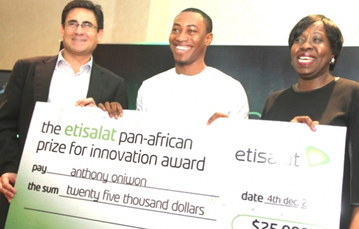 L-R: Chief Executive Officer, Etisalat Nigeria, Matthew Willsher; Winner, Etisalat Prize for Innovation (Ideas Category), Abdulganiyu Onabanjo and Member, Board of Innovators, Etisalat Pan-African Prize for Innovation, Funke Opeke, at the Etisalat Pan-African Prize for Innovation media reception