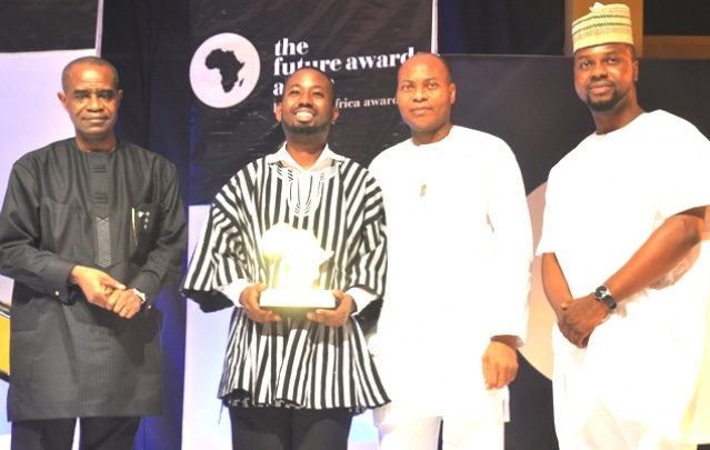L-R: Boni Haruna, Minister of Youth Development; Sangu Delle, Co-Founder, Cleanacwa, Ghana and Winner Young Person of the Year Award endowed by UBA; Dr. Yinka Adedeji, Divisional Head, E-Banking, UBA Plc; Adebola Williams, Co-Founder of The Future Awards Africa, at the Future Awards ceremony in Lagos.