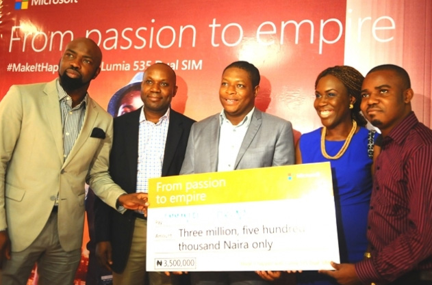 CEO, Chocolate City Group, Audu Maikori; Managing Director, Microsoft Mobile Devices and Services, Joseph Umunakwe; Winner #MakeItHappen# Microsoft Lumia 535 Dual SIM Passion to Empire activation campaign, Emmanuel Okena; CEO, House of Tara, Tara Fela-Durotoye; and Co-founder Jobberman, Opeyemi Awoyemi at the Press Conference announcing the 5 winners of the campaign, which took place on Monday 27th April, 2015 at Intercontinental Hotel, Lagos.